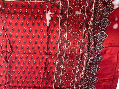 Close-up of indigo buti Ajrakh hand block print and gold zari border on scarlet red dola silk