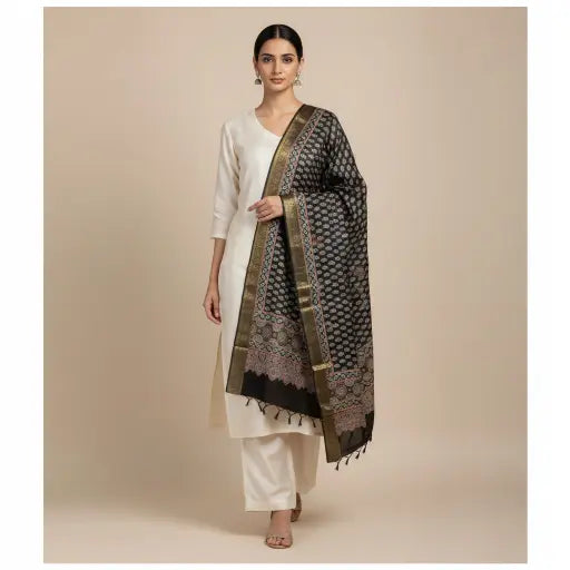 Model wearing black Ajrakh block print dupatta — alternate drape view