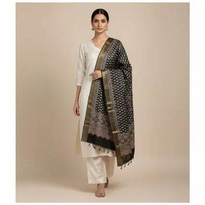 Model wearing black Ajrakh block print dupatta — alternate drape view