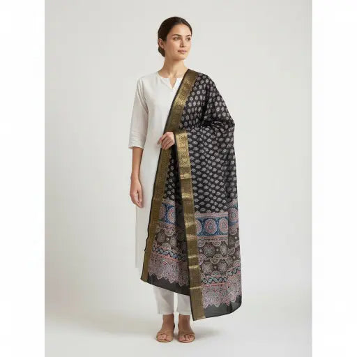 Model wearing black & ivory Ajrakh block print dupatta — alternate drape view