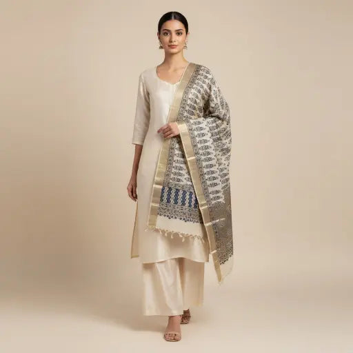 Cream & Indigo Ajrakh dola silk dupatta with gold zari border styled over a kurta