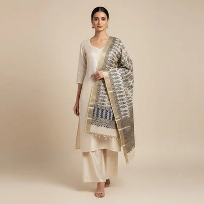 Cream & Indigo Ajrakh dola silk dupatta with gold zari border styled over a kurta