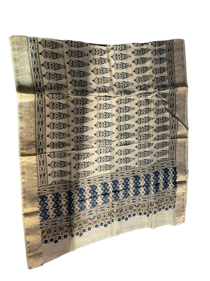 Cream & Indigo hand block printed Ajrakh dupatta laid flat showing cypress booti print, pallu and zari border