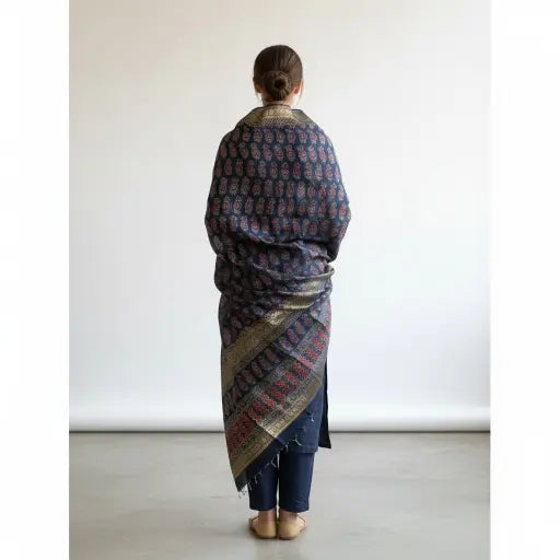 Indigo Blue & Red Ajrakh dola silk dupatta with gold zari border styled over a kurta