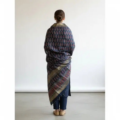 Indigo Blue & Red Ajrakh dola silk dupatta with gold zari border styled over a kurta