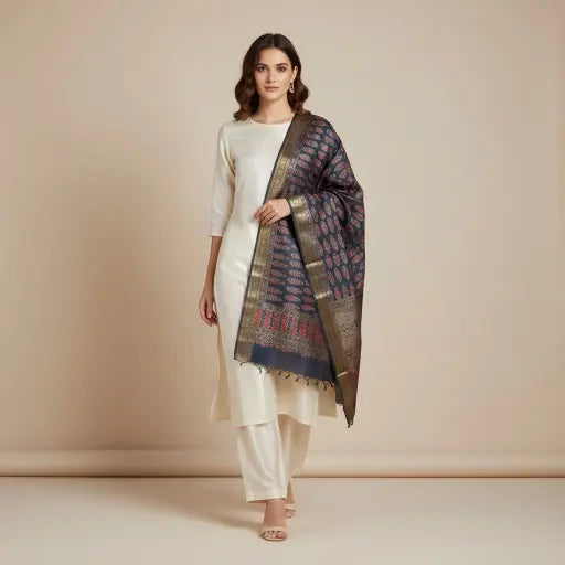Model wearing indigo blue & red Ajrakh block print dupatta — alternate drape view