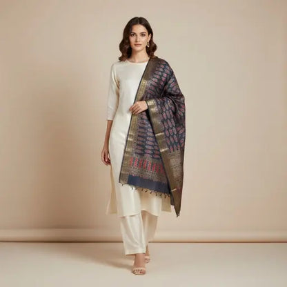 Model wearing indigo blue & red Ajrakh block print dupatta — alternate drape view