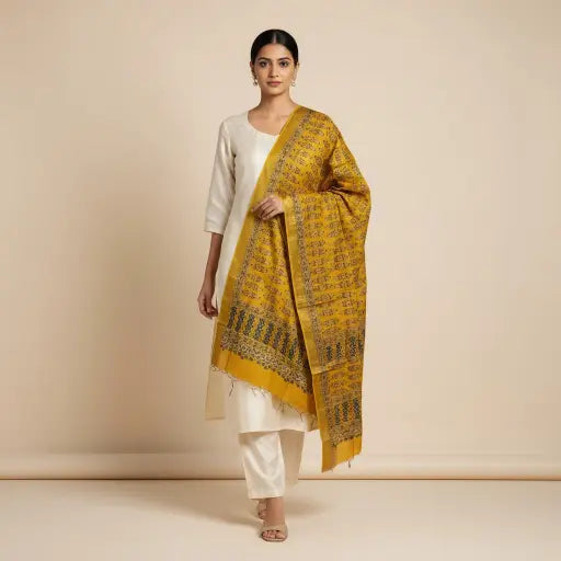 Model wearing turmeric yellow & teal Ajrakh block print dupatta — alternate drape view