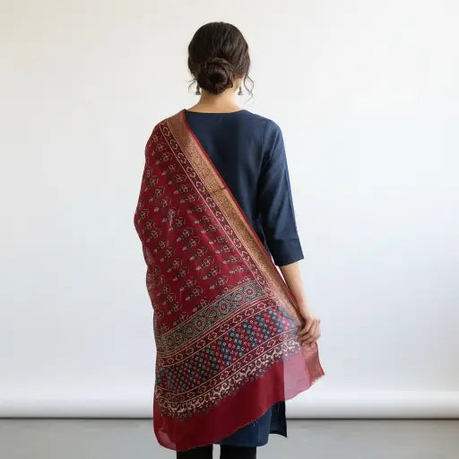 Madder Red & Indigo Ajrakh dola silk dupatta with gold zari border styled over a kurta