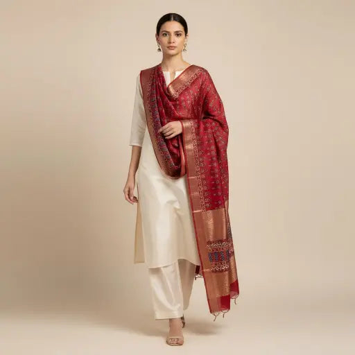 Model wearing madder red & indigo Ajrakh block print dupatta — alternate drape view