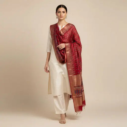 Model wearing madder red & indigo Ajrakh block print dupatta — alternate drape view