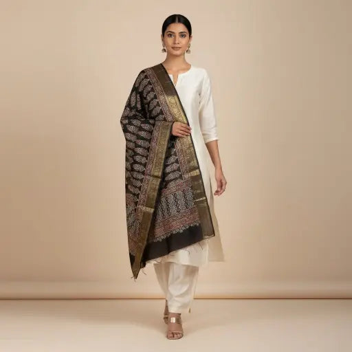 Model wearing black & sky blue Ajrakh block print dupatta — alternate drape view