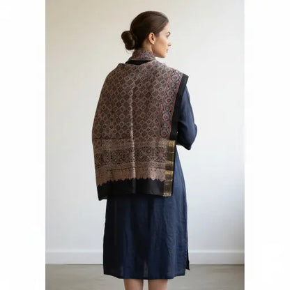 Black & Madder Red Ajrakh dola silk dupatta with gold zari border styled over a kurta