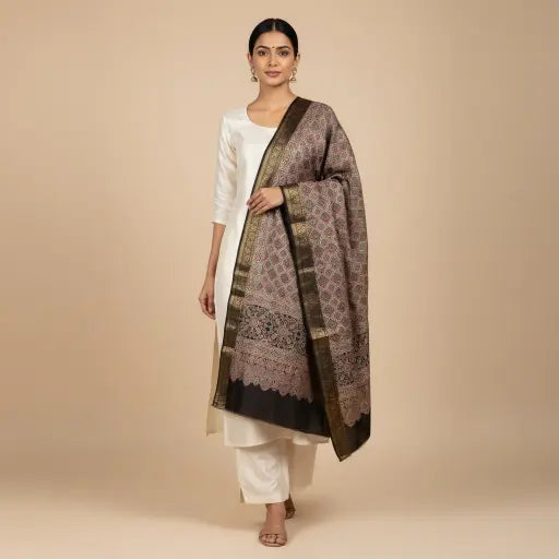 Model wearing black & madder red Ajrakh block print dupatta — alternate drape view