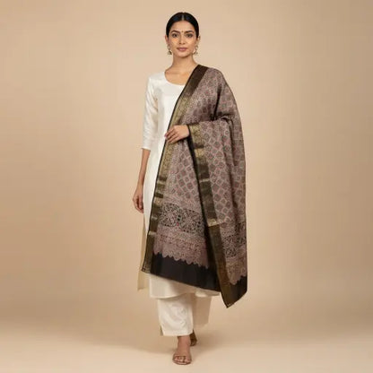 Model wearing black & madder red Ajrakh block print dupatta — alternate drape view