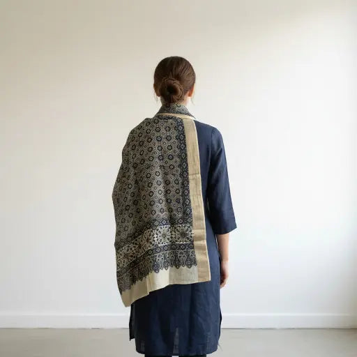 Ivory & Indigo Ajrakh dola silk dupatta with pale gold zari border styled over a kurta