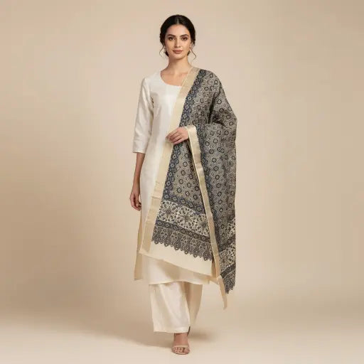 Model wearing ivory & indigo Ajrakh block print dupatta — alternate drape view