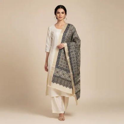 Model wearing ivory & indigo Ajrakh block print dupatta — alternate drape view