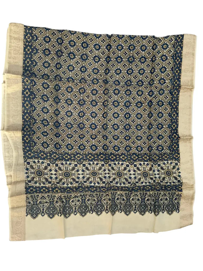 Ivory & Indigo hand block printed Ajrakh dupatta laid flat showing diamond jaal print, pallu and zari border
