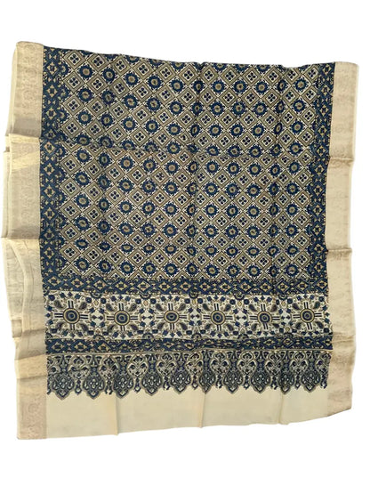 Ivory & Indigo hand block printed Ajrakh dupatta laid flat showing diamond jaal print, pallu and zari border