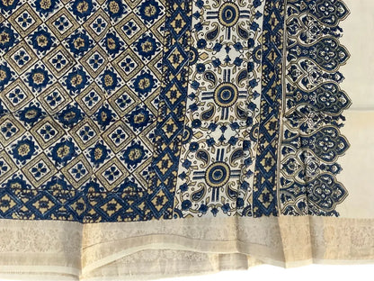 Close-up of diamond jaal Ajrakh hand block print and pale gold zari border on ivory & indigo dola silk