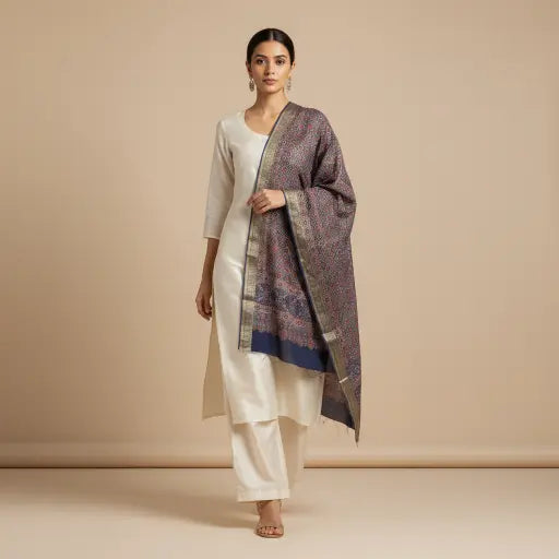 Model wearing indigo & madder Ajrakh block print dupatta — alternate drape view