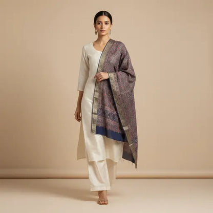 Model wearing indigo & madder Ajrakh block print dupatta — alternate drape view