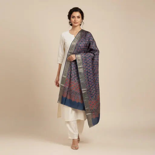 Indigo Blue Ajrakh dola silk dupatta with gold zari border styled over a kurta