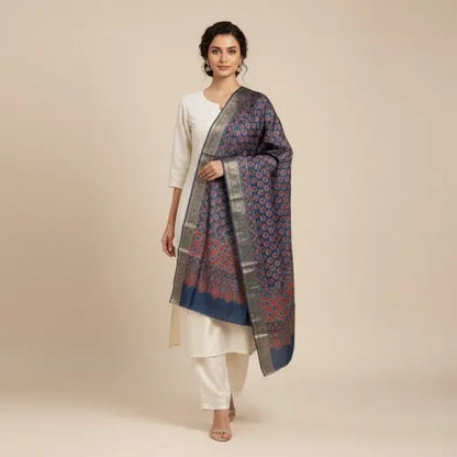 Indigo Blue Ajrakh dola silk dupatta with gold zari border styled over a kurta