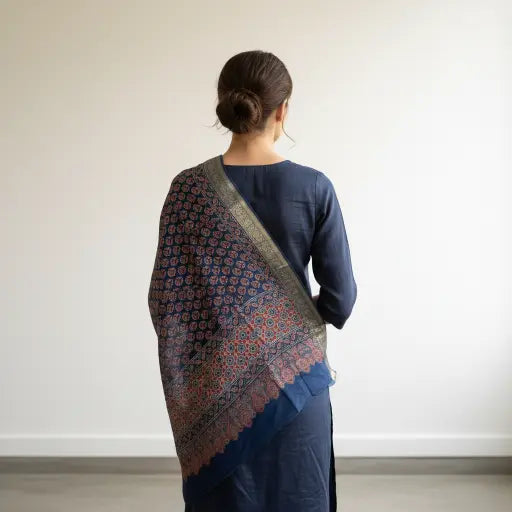 Model wearing indigo blue Ajrakh block print dupatta — alternate drape view