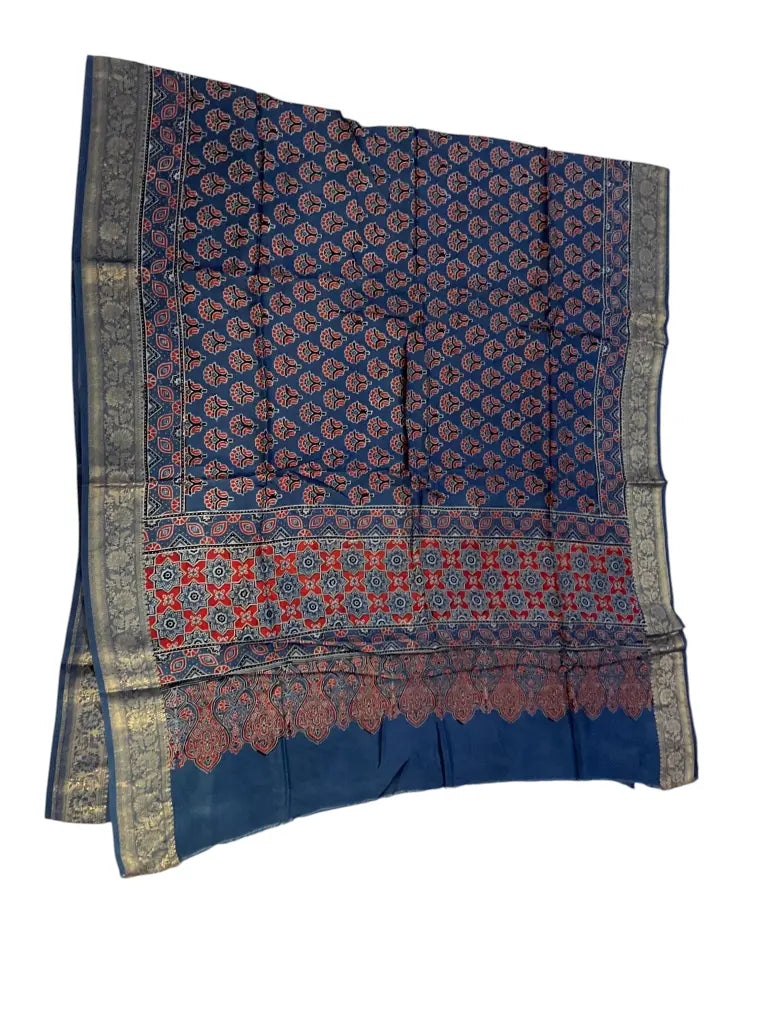 Indigo blue Ajrakh dola silk dupatta spread out — second flat view of paisley buti field and zari edge