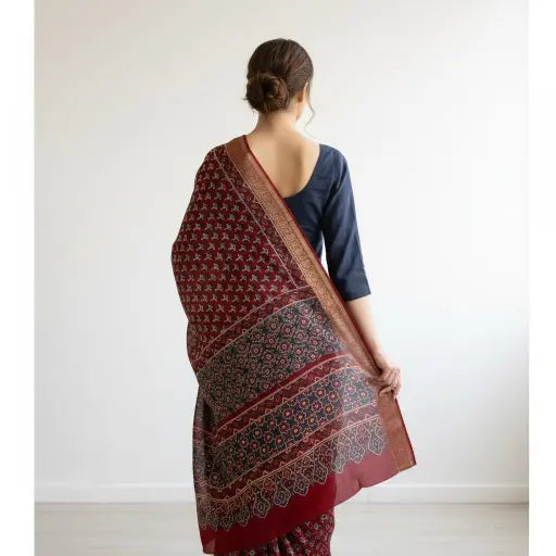 Maroon Red Ajrakh dola silk dupatta with gold zari border styled over a kurta