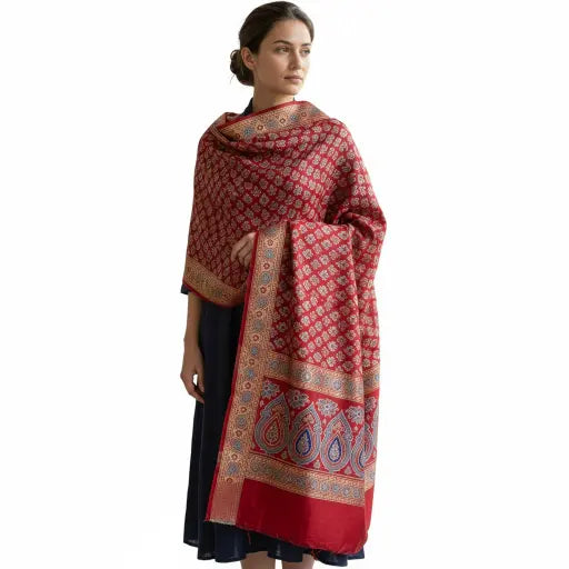 Model wearing maroon red Ajrakh block print dupatta — alternate drape view