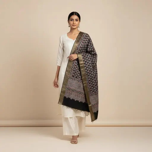 Model wearing black & rose Ajrakh block print dupatta — alternate drape view