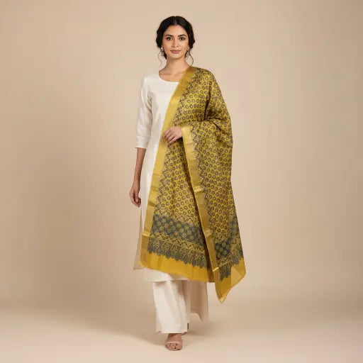 Model wearing mustard & teal Ajrakh block print dupatta — alternate drape view