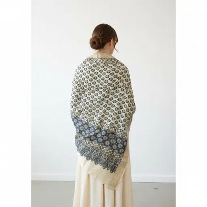 Ivory & Indigo Ajrakh dola silk dupatta with pale gold zari border styled over a kurta