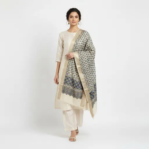 Model wearing ivory & indigo Ajrakh block print dupatta — alternate drape view