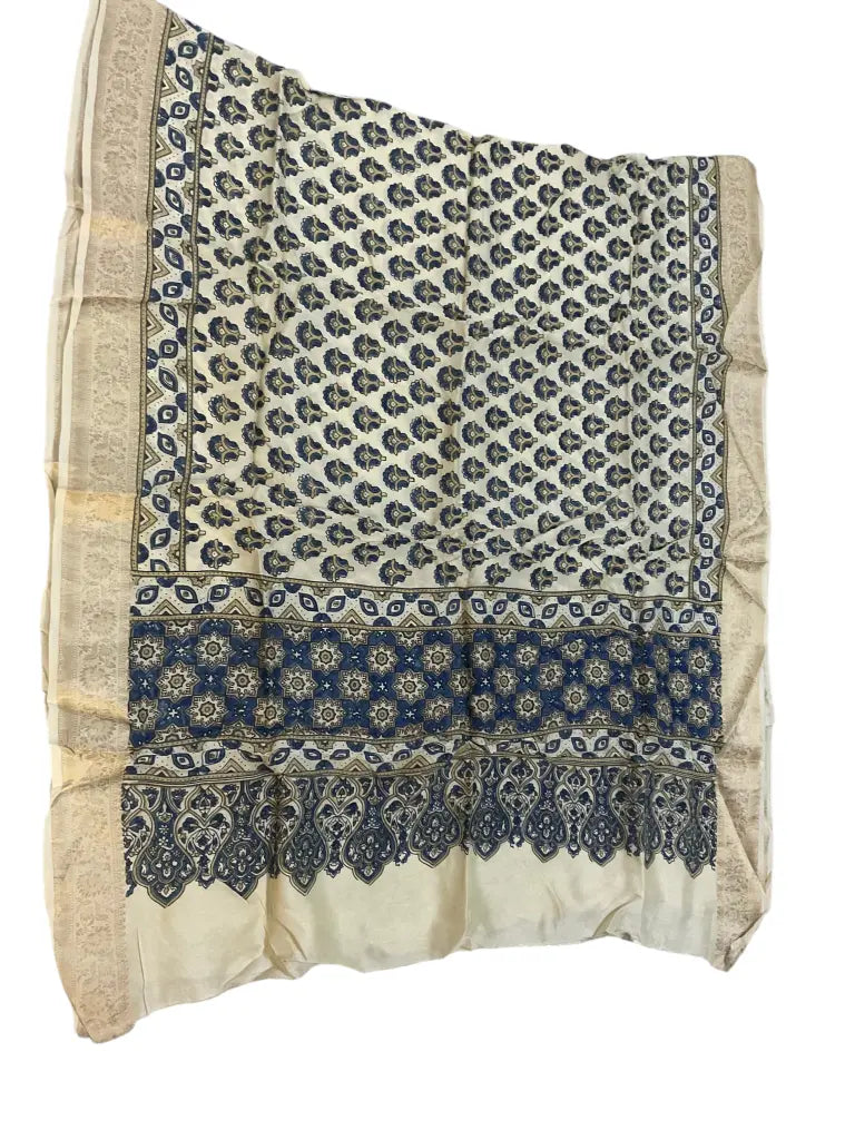 Ivory & Indigo hand block printed Ajrakh dupatta laid flat showing paisley buti print, pallu and zari border