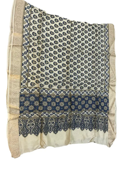 Ivory & Indigo hand block printed Ajrakh dupatta laid flat showing paisley buti print, pallu and zari border