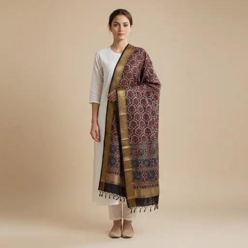 Rust & Black Ajrakh dola silk dupatta with gold zari border styled over a kurta