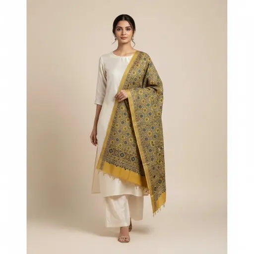 Model wearing ochre Ajrakh block print dupatta — alternate drape view