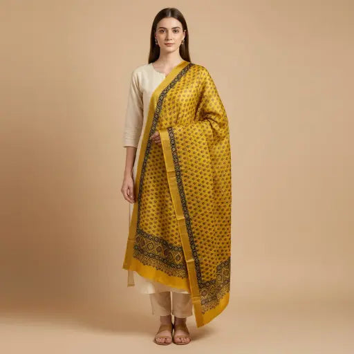 Model wearing bright yellow & indigo Ajrakh block print dupatta — alternate drape view