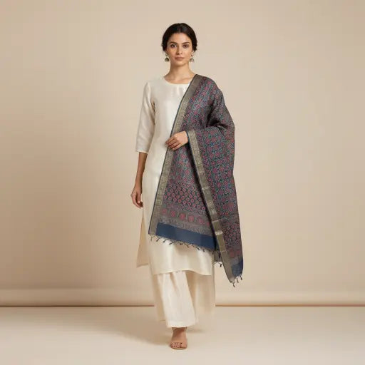 Indigo & Rust Ajrakh dola silk dupatta with silver-toned zari border styled over a kurta