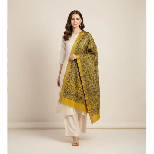 Model wearing mustard & indigo Ajrakh block print dupatta — alternate drape view