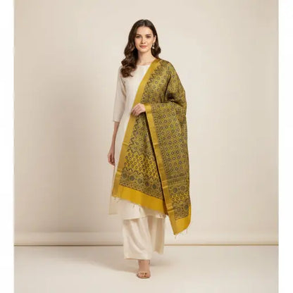 Model wearing mustard & indigo Ajrakh block print dupatta — alternate drape view