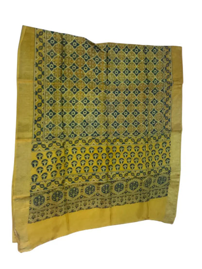 Mustard & Indigo hand block printed Ajrakh dupatta laid flat showing floral diamond jaal print, pallu and zari border