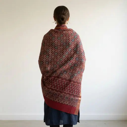 Madder Red & Ivory Ajrakh dola silk dupatta with red-gold zari border styled over a kurta