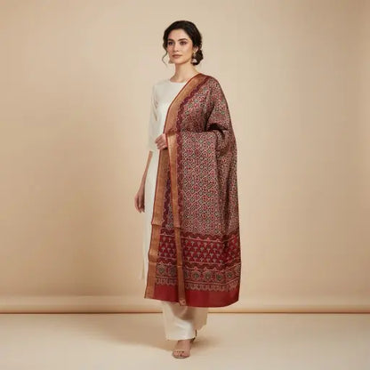 Model wearing madder red & ivory Ajrakh block print dupatta — alternate drape view