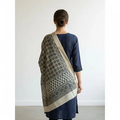 Cream & Indigo Ajrakh dola silk dupatta with pale gold zari border styled over a kurta
