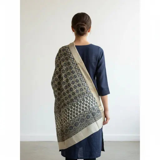 Cream & Indigo Ajrakh dola silk dupatta with pale gold zari border styled over a kurta